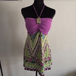 Bisou Bisou Y2K  Purple Pink Green Print Halter Dress XL